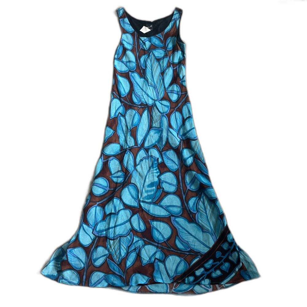 Benjamin A Dress Womens 10 Vintage Maxi Sleeveless Brown Teal Y2K Silky 90s Leaf